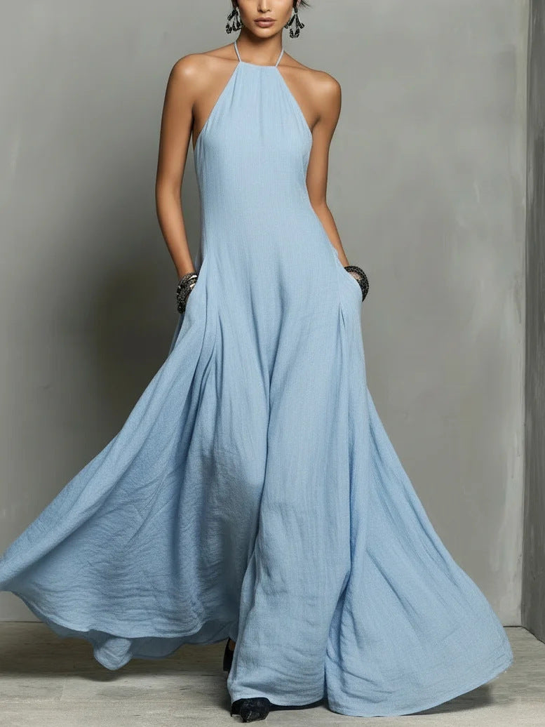 Sleeveless Solid Color Split-Side Round-Neck Maxi Dresses