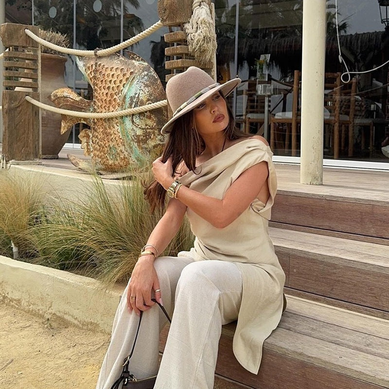 Pleated Solid Color Sleeveless Boat Neck Vest Top