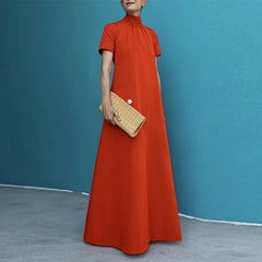 Hollow Pleated Solid Color A-line Loose Mock Neck Maxi Dresses