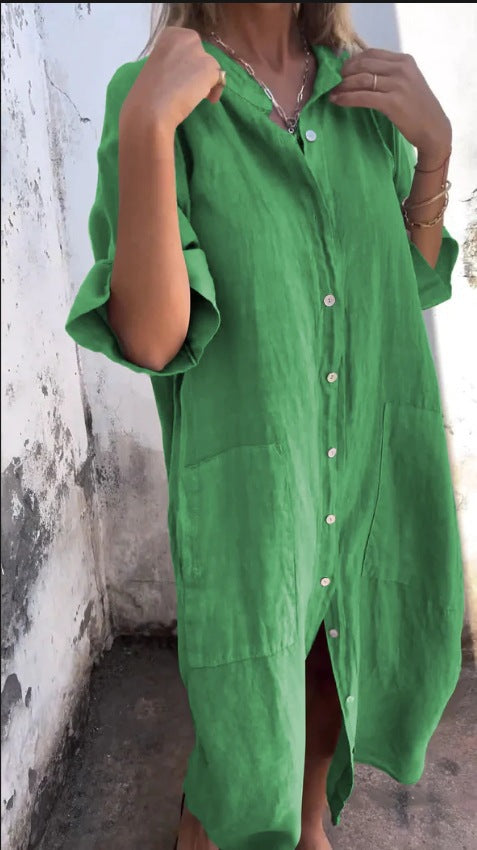 Half Sleeves Loose Buttoned Elasticity Pockets Solid Color Lapel Jumpsuits