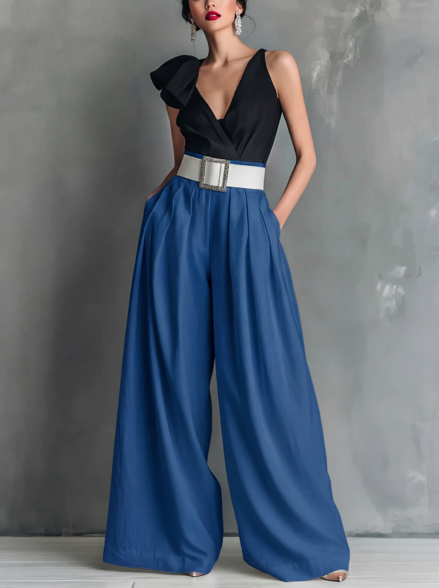 High Waisted Loose Pockets Solid Color Pants Trousers