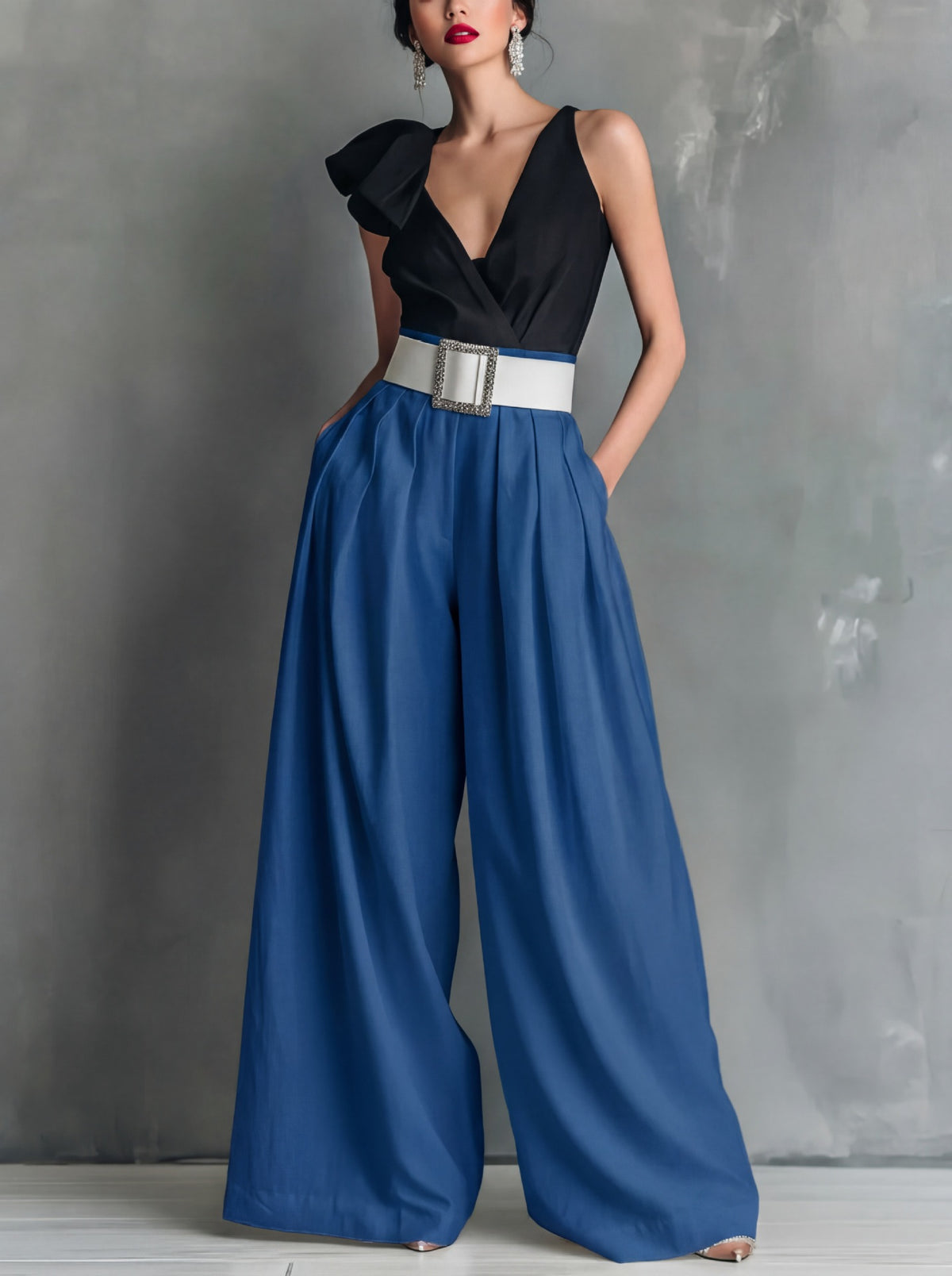High Waisted Loose Pockets Solid Color Pants Trousers
