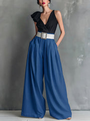 High Waisted Loose Pockets Solid Color Pants Trousers