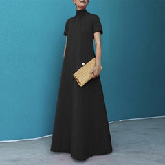 Hollow Pleated Solid Color A-line Loose Mock Neck Maxi Dresses