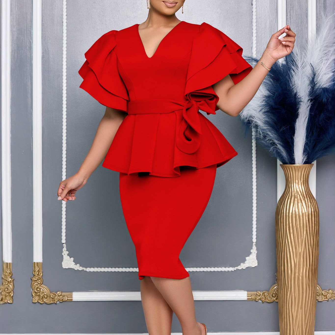 Elegant Ruffled Pure Color Full-Skirted Dress