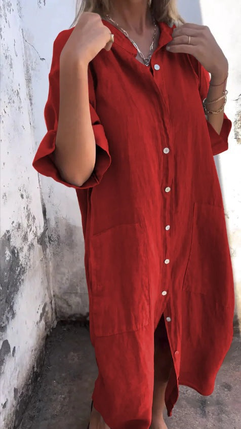 Half Sleeves Loose Buttoned Elasticity Pockets Solid Color Lapel Jumpsuits