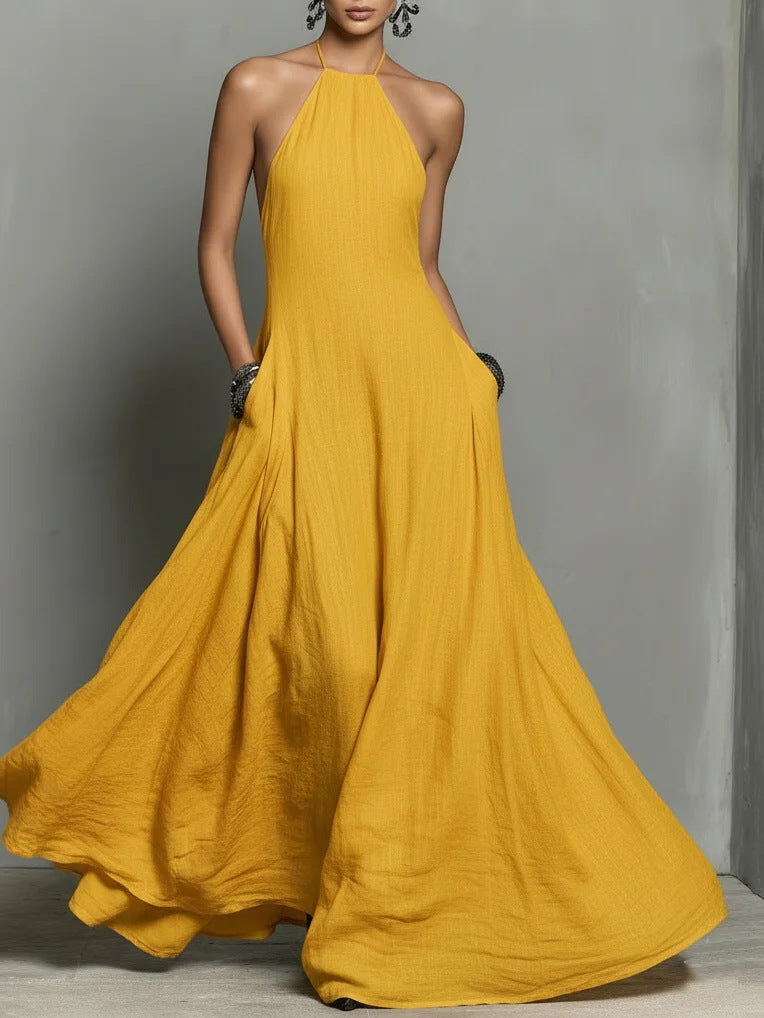 Sleeveless Solid Color Split-Side Round-Neck Maxi Dresses