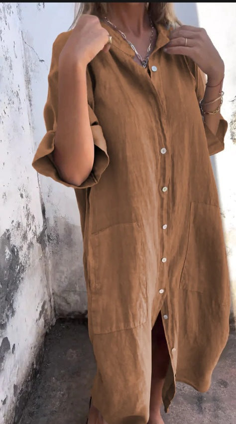 Half Sleeves Loose Buttoned Elasticity Pockets Solid Color Lapel Jumpsuits