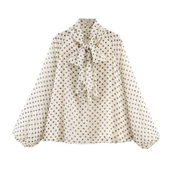 Long Sleeves Falbala Polka-Dot Stand Collar Blouses&shirts Tops