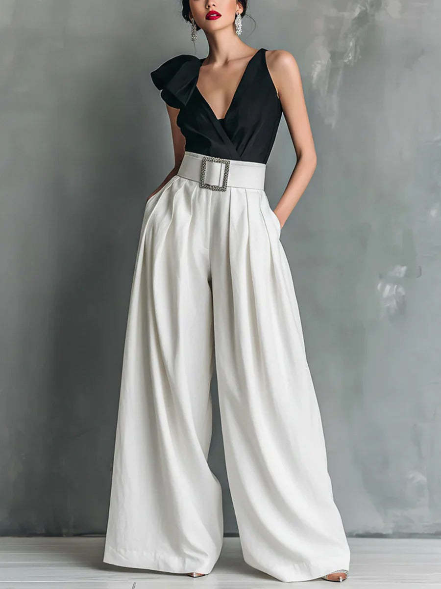 High Waisted Loose Pockets Solid Color Pants Trousers