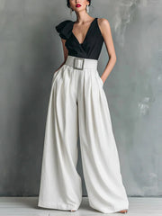 High Waisted Loose Pockets Solid Color Pants Trousers