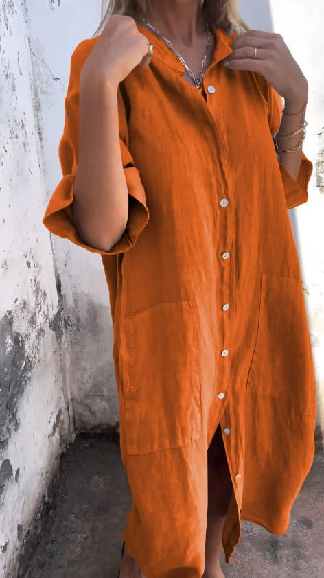 Half Sleeves Loose Buttoned Elasticity Pockets Solid Color Lapel Jumpsuits