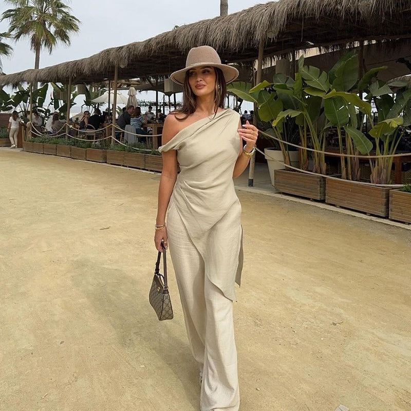 Pleated Solid Color Sleeveless Boat Neck Vest Top