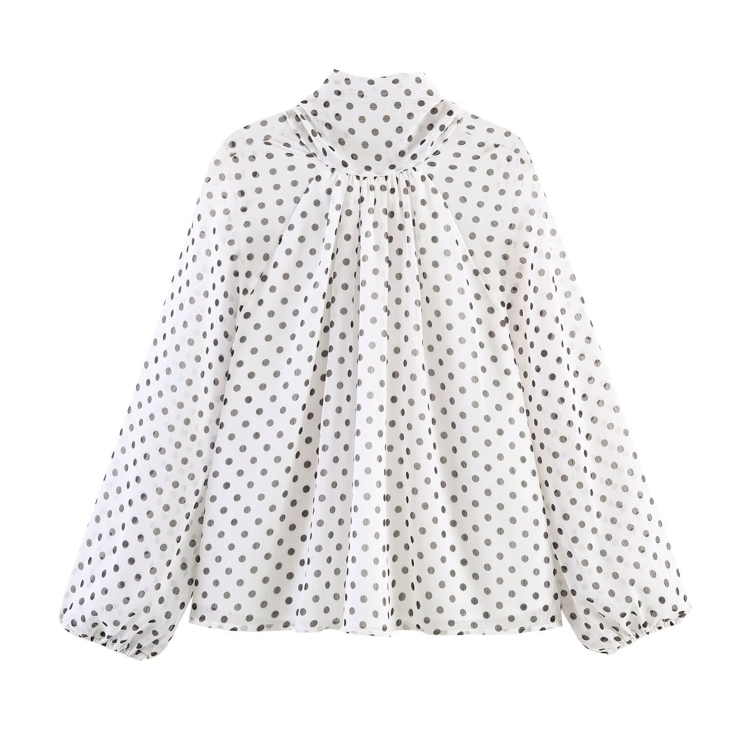 Long Sleeves Falbala Polka-Dot Stand Collar Blouses&shirts Tops