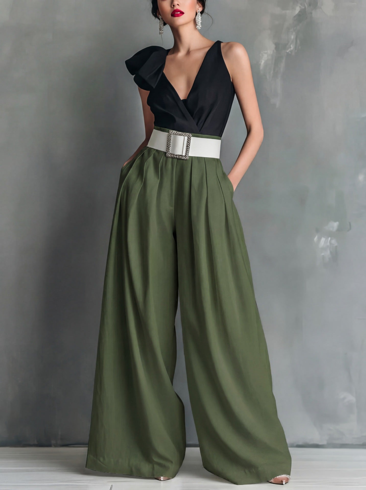 High Waisted Loose Pockets Solid Color Pants Trousers