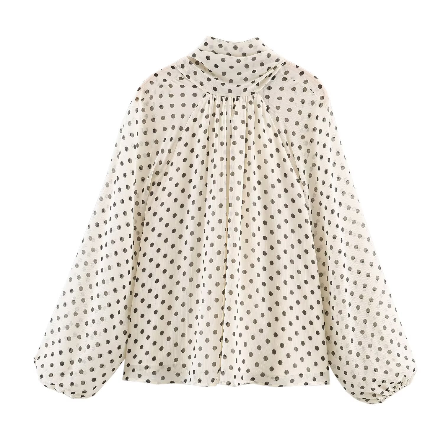 Long Sleeves Falbala Polka-Dot Stand Collar Blouses&shirts Tops
