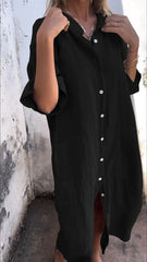 Half Sleeves Loose Buttoned Elasticity Pockets Solid Color Lapel Jumpsuits