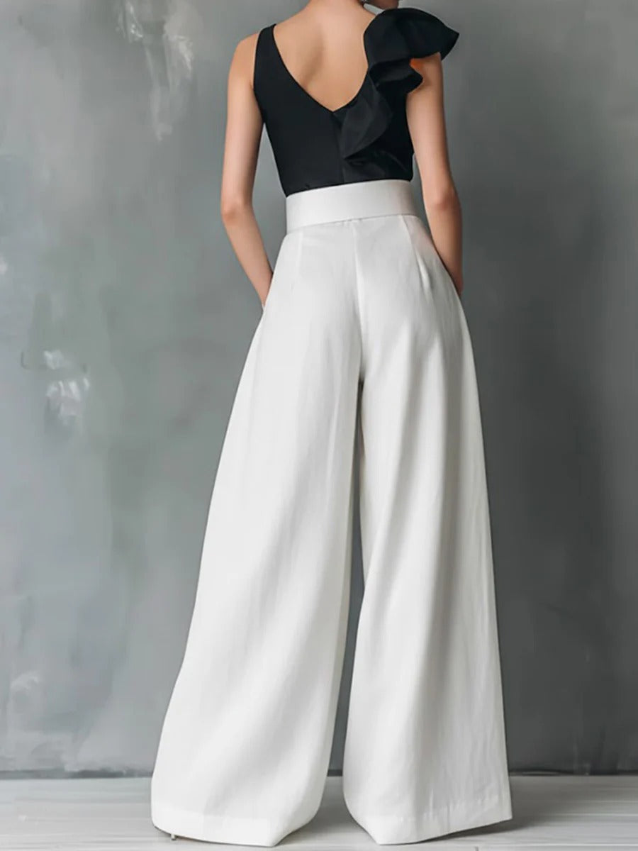 High Waisted Loose Pockets Solid Color Pants Trousers