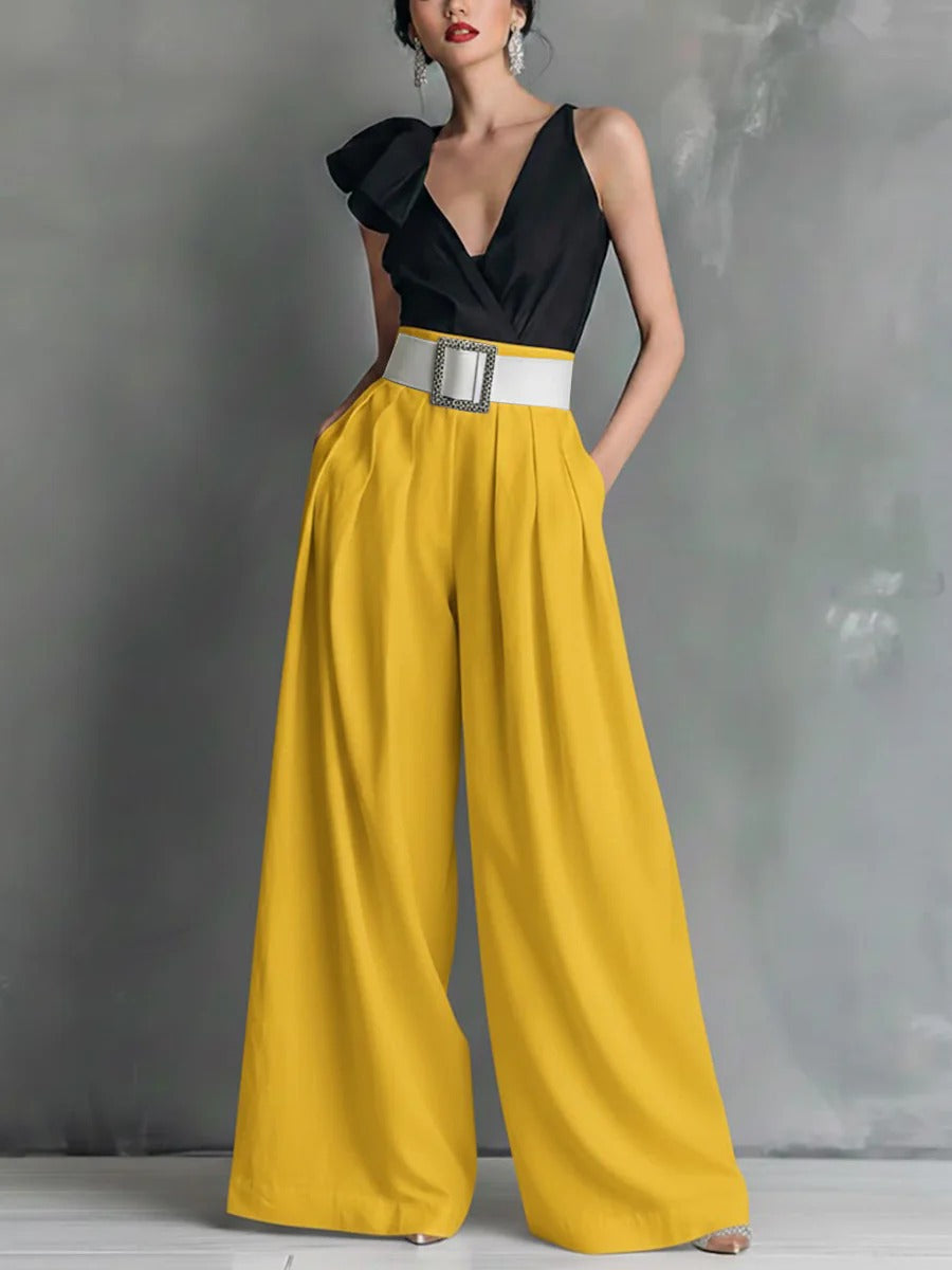 High Waisted Loose Pockets Solid Color Pants Trousers