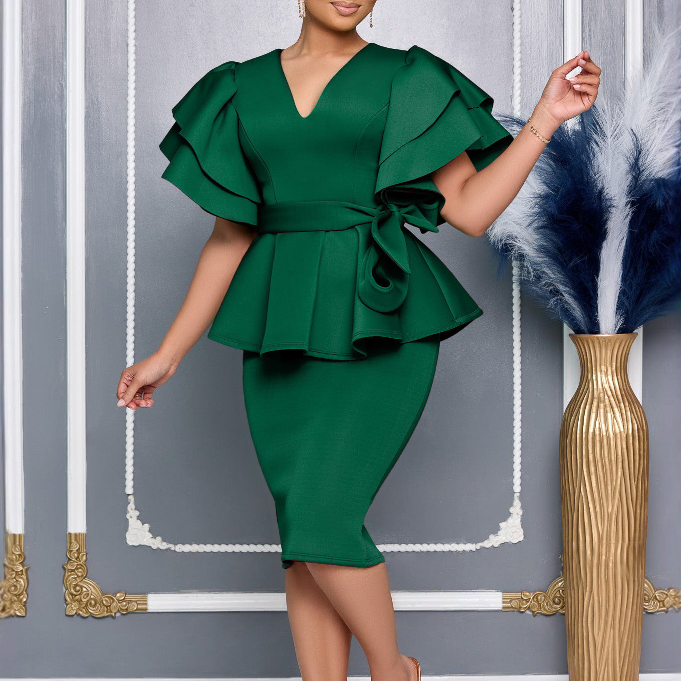 Elegant Ruffled Pure Color Full-Skirted Dress