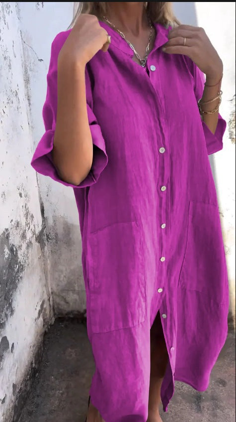 Half Sleeves Loose Buttoned Elasticity Pockets Solid Color Lapel Jumpsuits