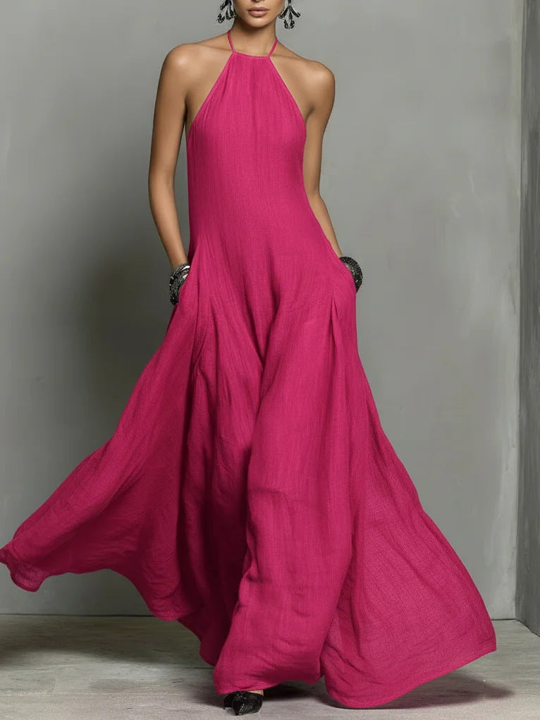 Sleeveless Solid Color Split-Side Round-Neck Maxi Dresses