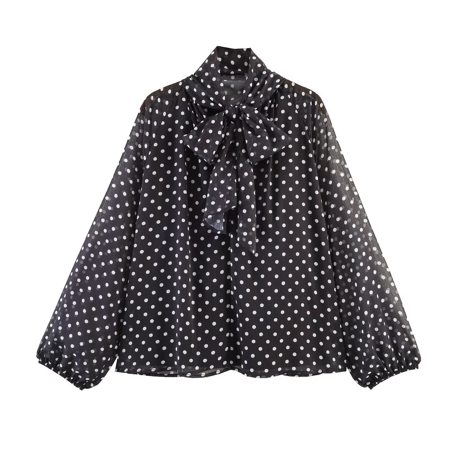 Long Sleeves Falbala Polka-Dot Stand Collar Blouses&shirts Tops