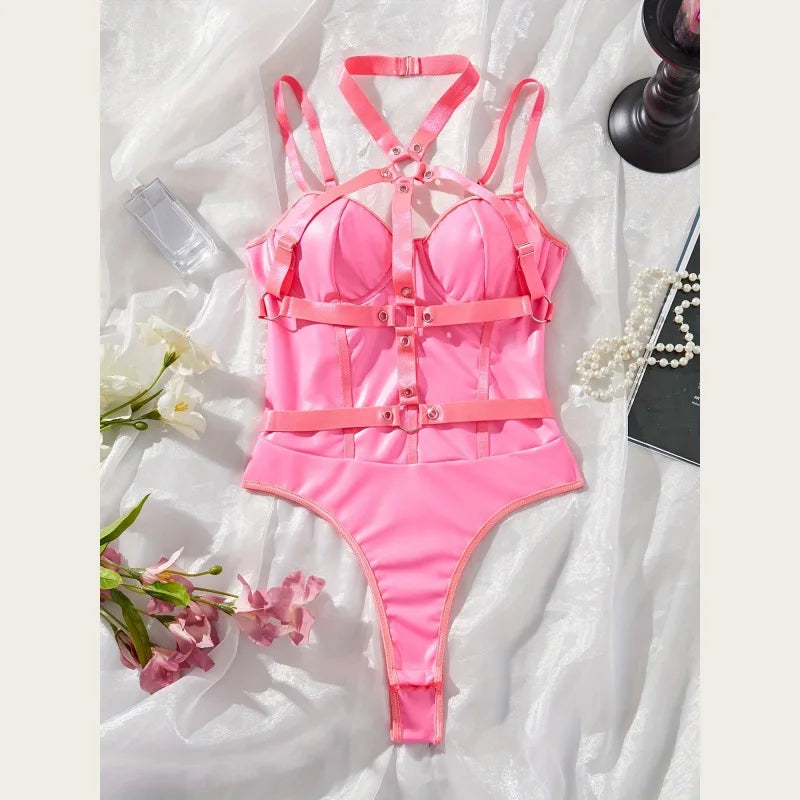 PU Leather Mesh Cross Strap Halter Uniform Erotic