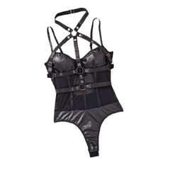 PU Leather Mesh Cross Strap Halter Uniform Erotic