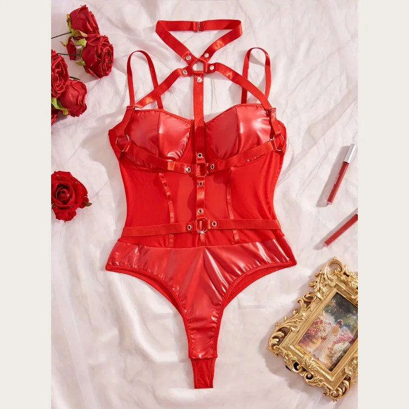 PU Leather Mesh Cross Strap Halter Uniform Erotic