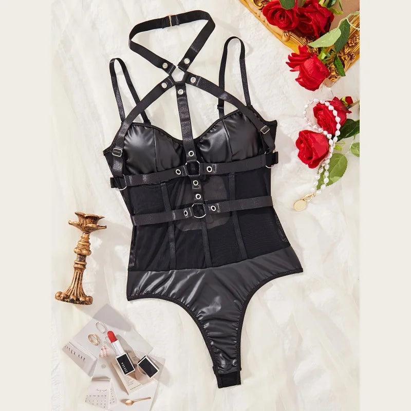 PU Leather Mesh Cross Strap Halter Uniform Erotic