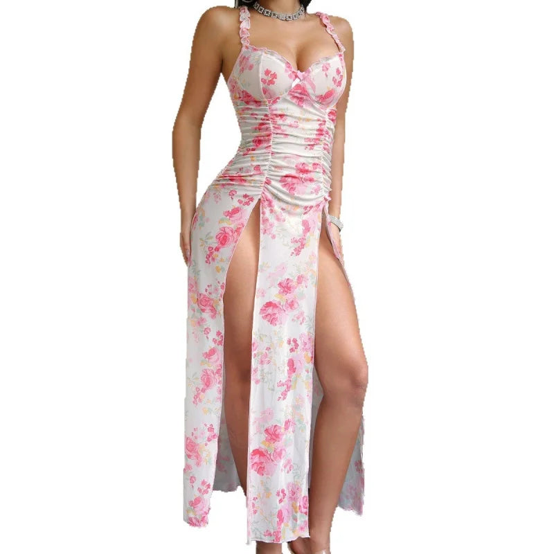 Pink Florals Double Slits Ruched Bodycon Long Gown