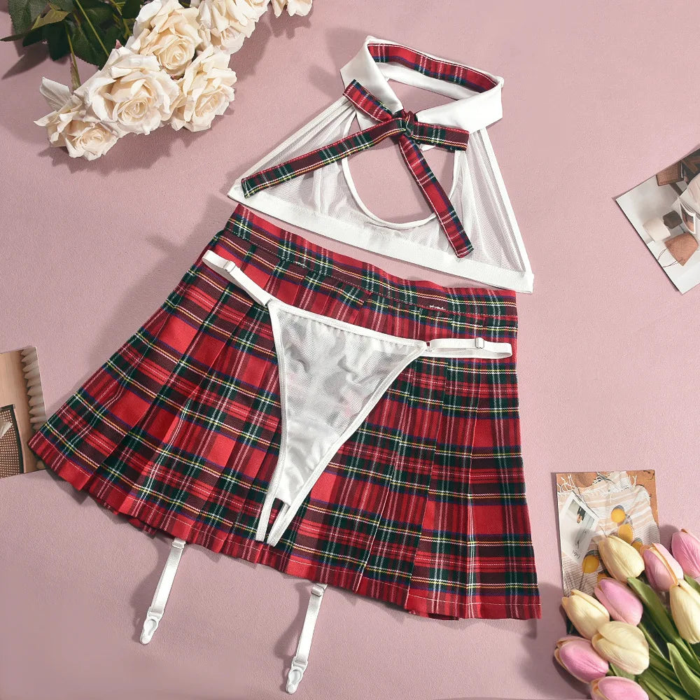 Plaid Lingerie Sets Halter Bra Skirts Thong 3PC Teacher Cosplay Erotic Crotchless Intimates Cute Underwear