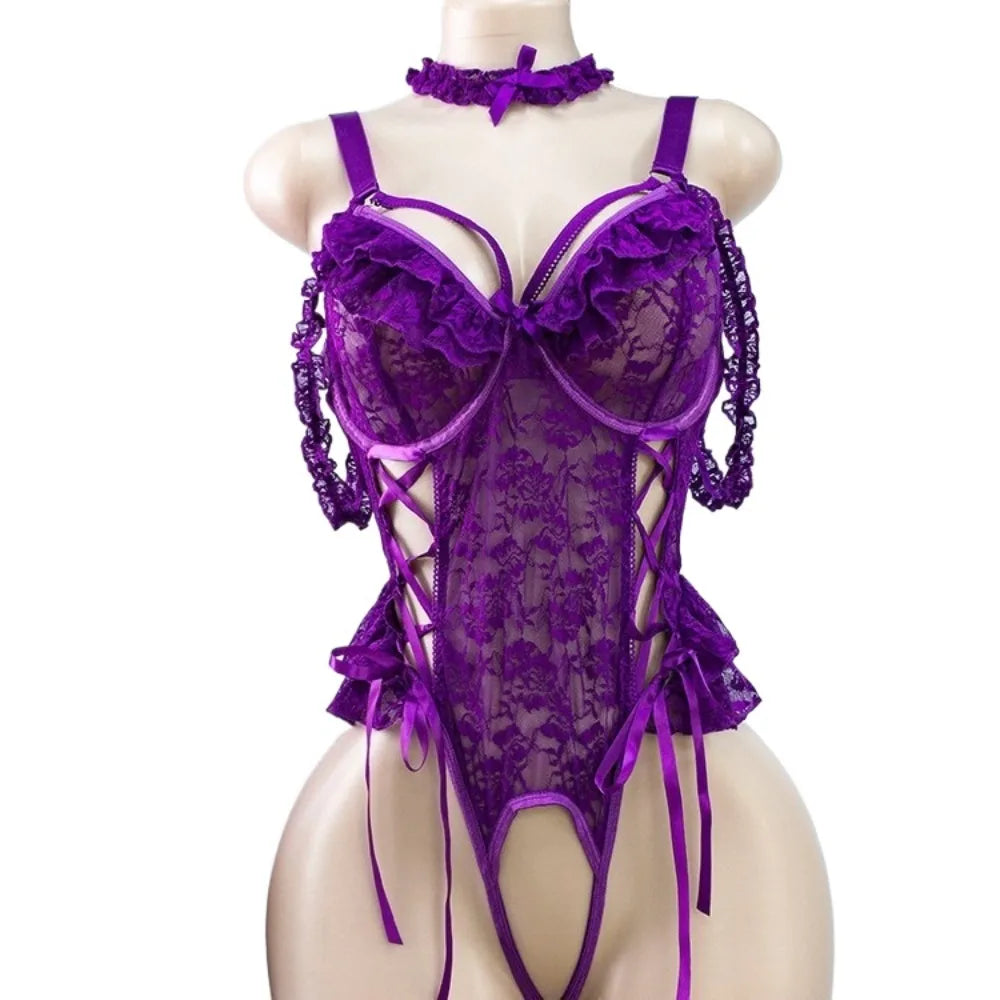Plus Size Purple Open Crotch Easy Access Styles Mesh Lace Pure Desire Body Suits