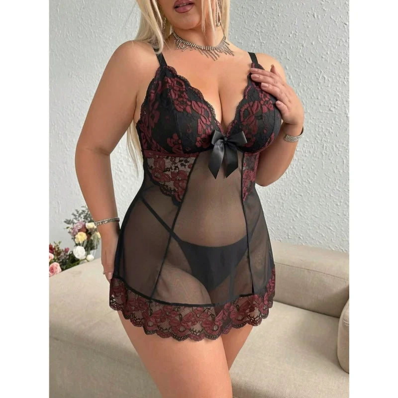 Plus Size Lace Patchwork Mesh See Through