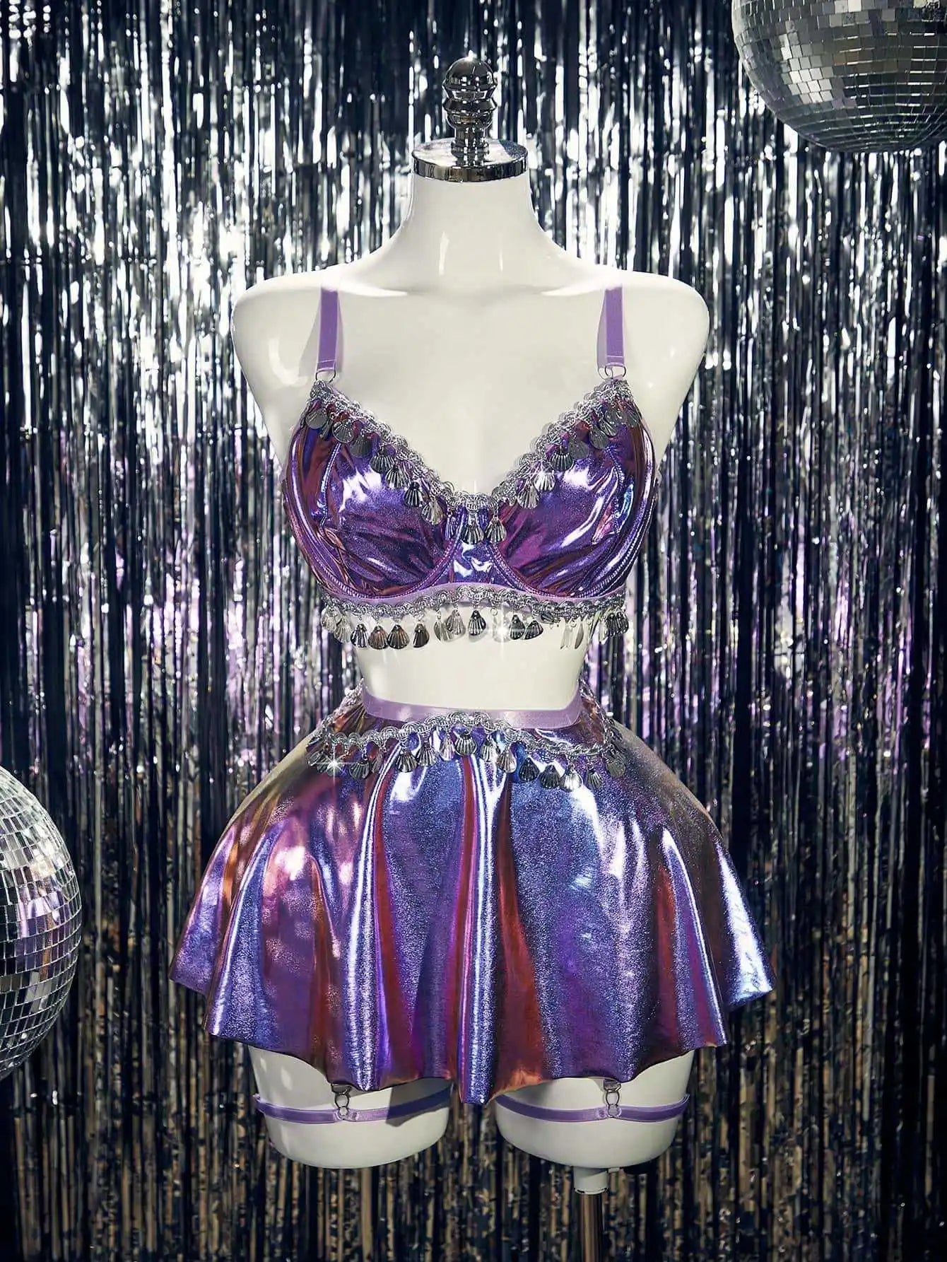 Plus Size Patent Leather Sequins Retro Lace Underwear Babydoll Cross Strap Hollow Out Cosplay Uniform Lingerie Set
