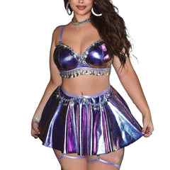 Plus Size Patent Leather Sequins Retro Lace Underwear Babydoll Cross Strap Hollow Out Cosplay Uniform Lingerie Set