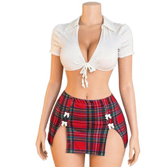 Plus Size Western Uniform Slit Underwear Cosplay Schoolgirl Backless Cross Strap Hollow Out Plaid Skirt Lingerie Set