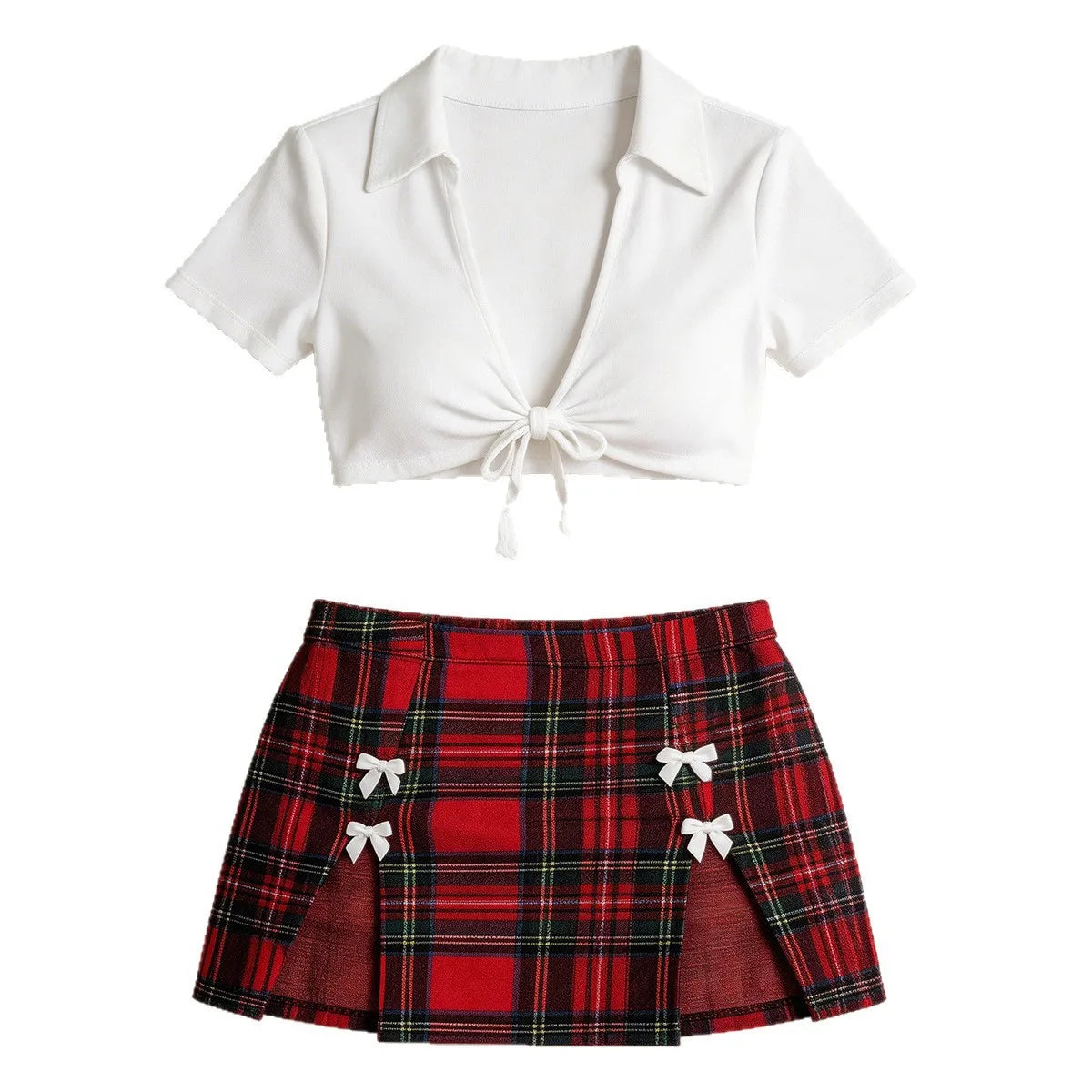 Plus Size Western Uniform Slit Underwear Cosplay Schoolgirl Backless Cross Strap Hollow Out Plaid Skirt Lingerie Set