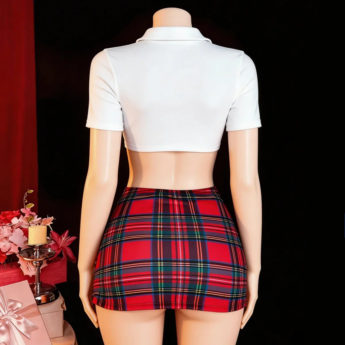 Plus Size Western Uniform Slit Underwear Cosplay Schoolgirl Backless Cross Strap Hollow Out Plaid Skirt Lingerie Set