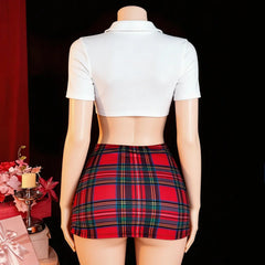Plus Size Western Uniform Slit Underwear Cosplay Schoolgirl Backless Cross Strap Hollow Out Plaid Skirt Lingerie Set