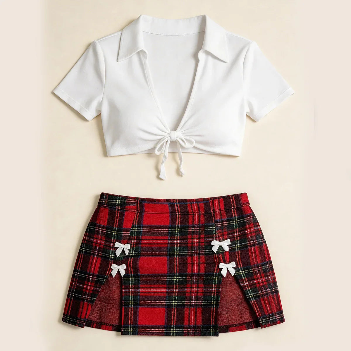 Plus Size Western Uniform Slit Underwear Cosplay Schoolgirl Backless Cross Strap Hollow Out Plaid Skirt Lingerie Set