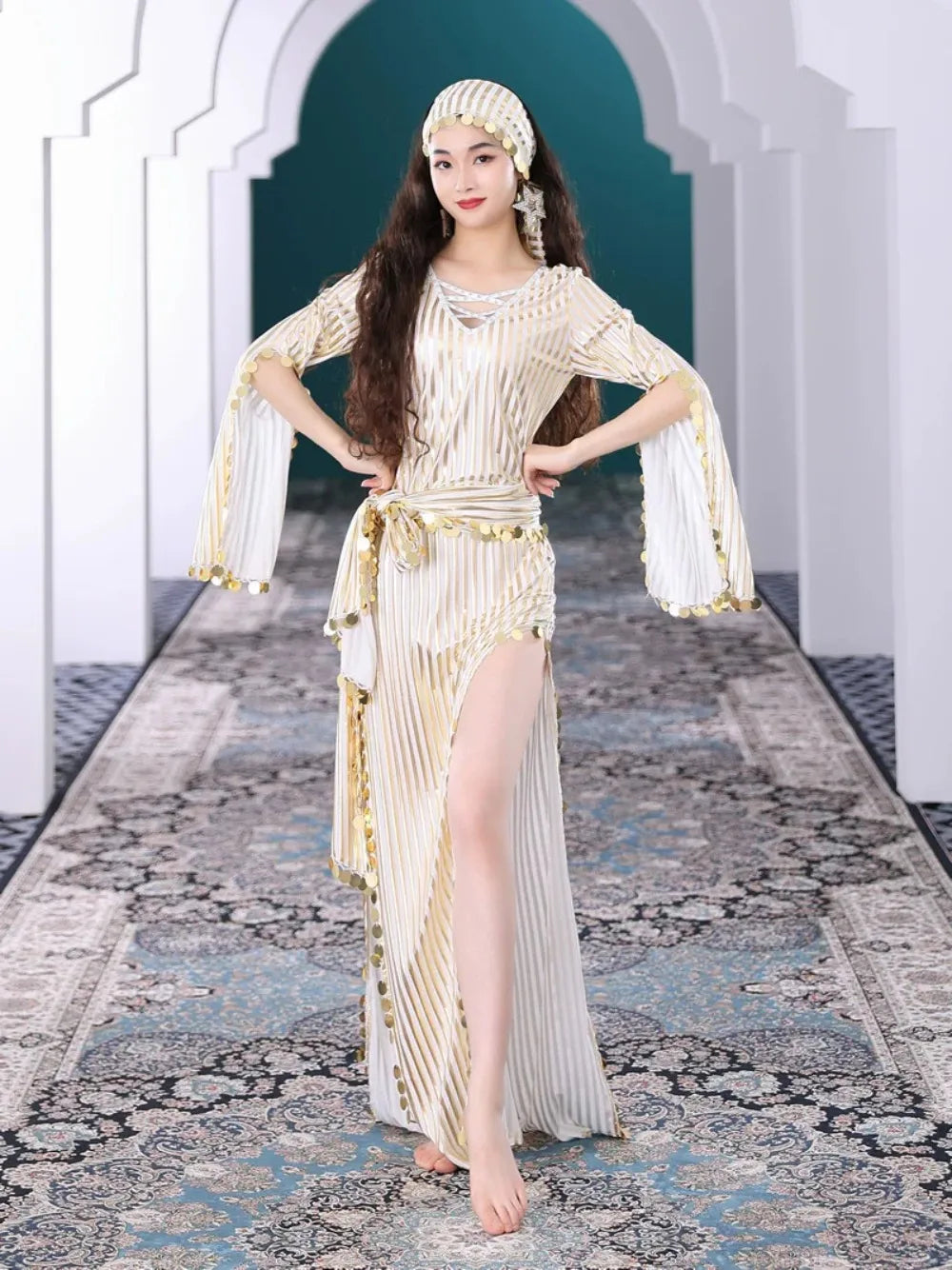 Plus Size Belly Dance Baladi Dresses Saidi Folk Dance Outfit Egyptian Robe Cabaret Set Golden Dress Coins Kerchief