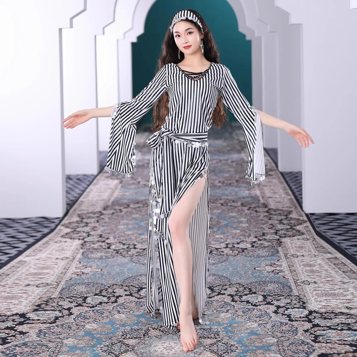 Plus Size Belly Dance Baladi Dresses Saidi Folk Dance Outfit Egyptian Robe Cabaret Set Golden Dress Coins Kerchief