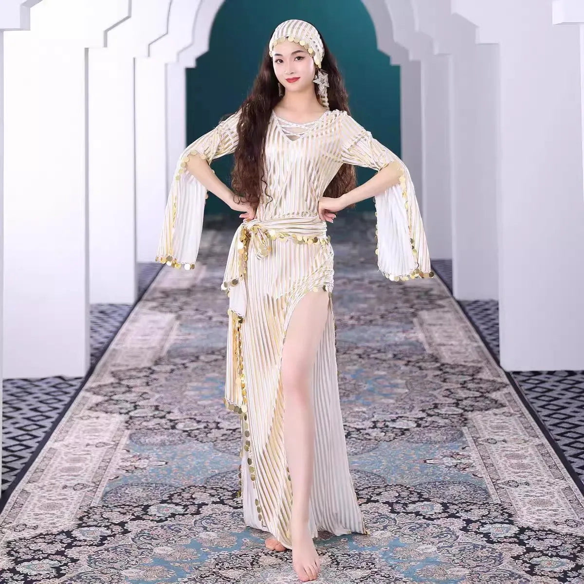Plus Size Belly Dance Baladi Dresses Saidi Folk Dance Outfit Egyptian Robe Cabaret Set Golden Dress Coins Kerchief