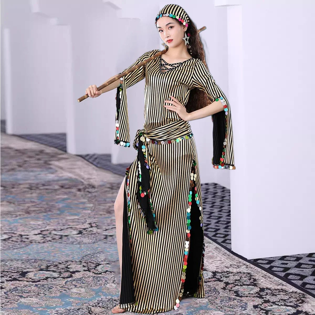 Plus Size Belly Dance Baladi Dresses Saidi Folk Dance Outfit Egyptian Robe Cabaret Set Golden Dress Coins Kerchief