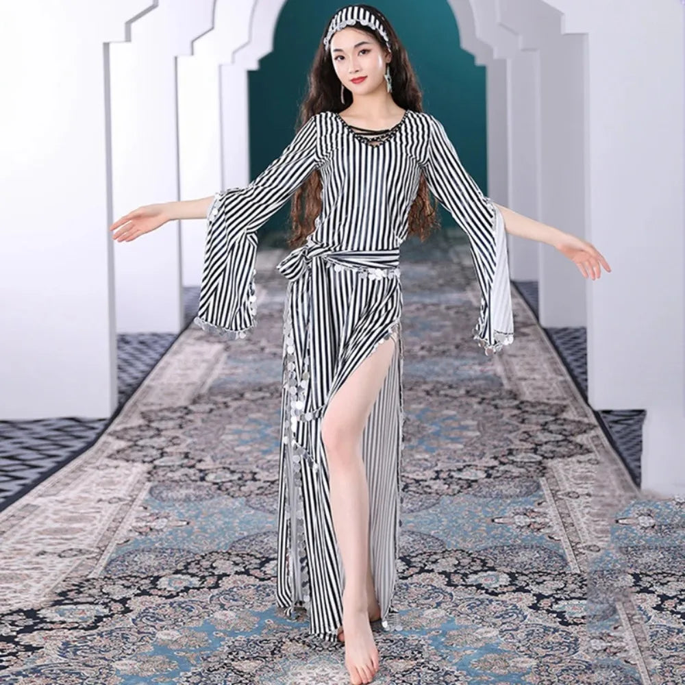 Plus Size Belly Dance Baladi Dresses Saidi Folk Dance Outfit Egyptian Robe Cabaret Set Golden Dress Coins Kerchief
