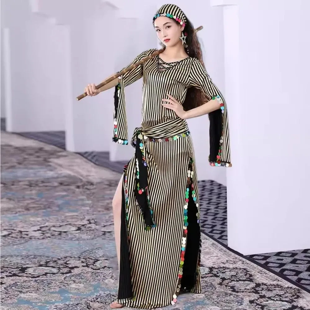 Plus Size Belly Dance Baladi Dresses Saidi Folk Dance Outfit Egyptian Robe Cabaret Set Golden Dress Coins Kerchief