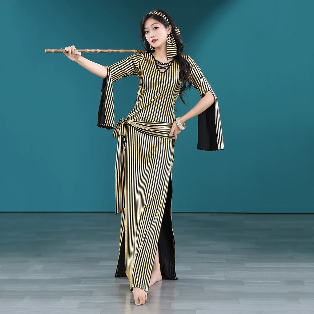 Plus Size Belly Dance Baladi Dresses Saidi Folk Dance Outfit Egyptian Robe Cabaret Set Golden Dress Coins Kerchief