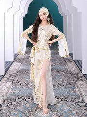 Plus Size Belly Dance Baladi Dresses Saidi Folk Dance Outfit Egyptian Robe Cabaret Set Golden Dress Coins Kerchief